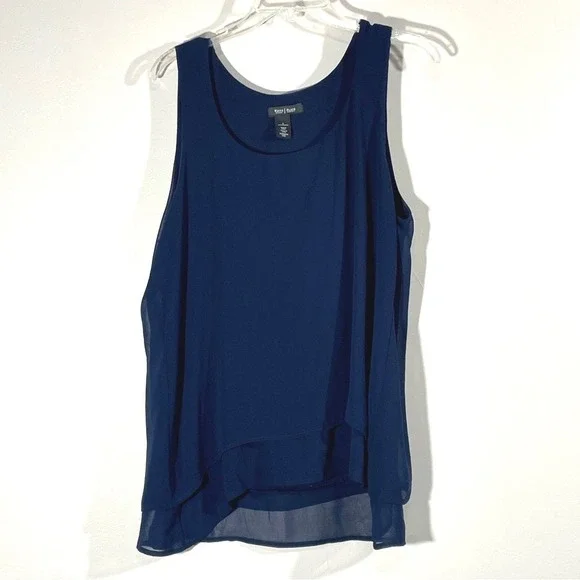 White House Black Market Navy Sheer Overlay Tank Top Blouse‎ Size L - Picture 2 of 7
